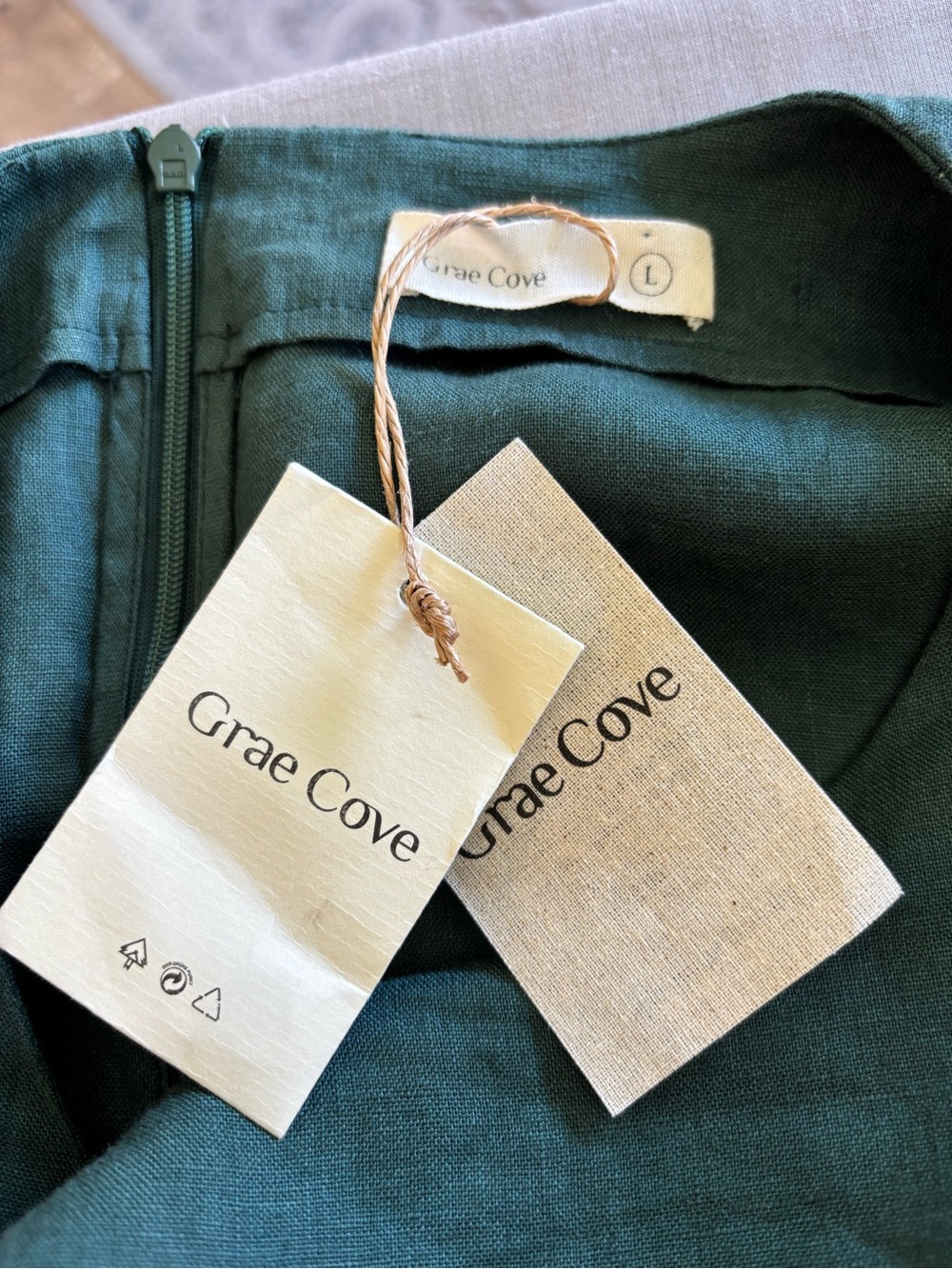 Grae Cove Linen Midi Dress Teal Green Tie-Waist Long Sleeve Dress Pockets L - Picture 5 of 9